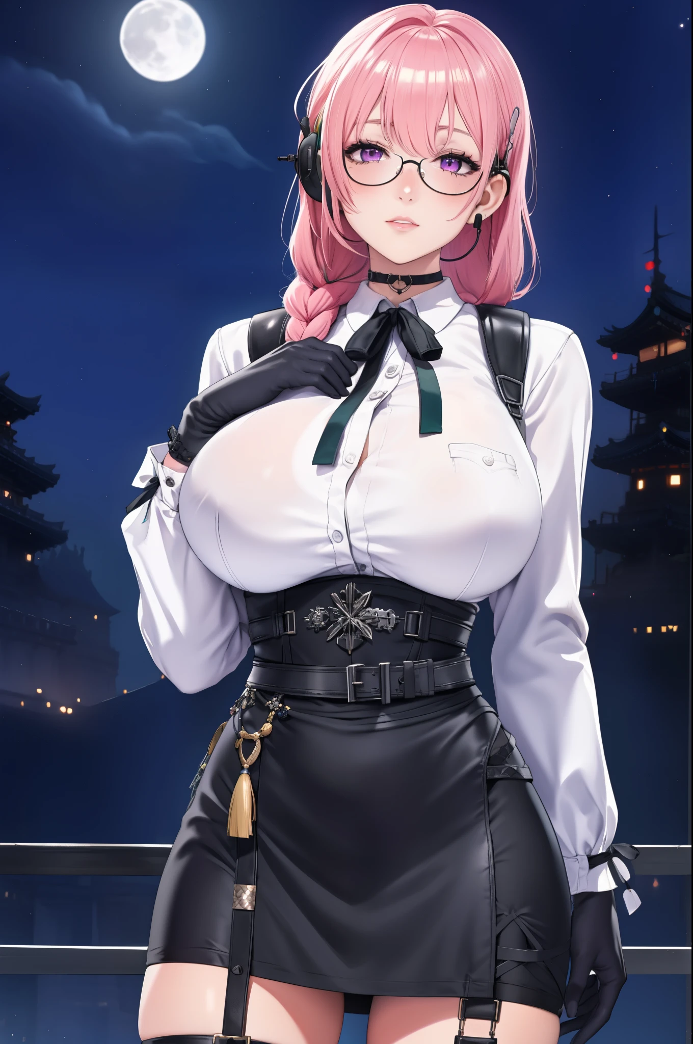 bright clothes, a girl, (Yanagi Tsukishiro ), Alone, Standing, front view, looking at the viewer , long braided hair pink, beautiful eyes , detailed eyes , purple eyes shirt, huge breasts, sensual lips, ((samurai armor shoulder pad)) , ((earpiece for the right ear)), harness, glasses, choker :1.6, black gloves, ((shiny black high-waisted miniskirt)), ((White shirt with collar)), (black ribbon for the chest), (dark green neck strap), shy expression , , biblioteca antigua Gothic style, Gothic style, at night
