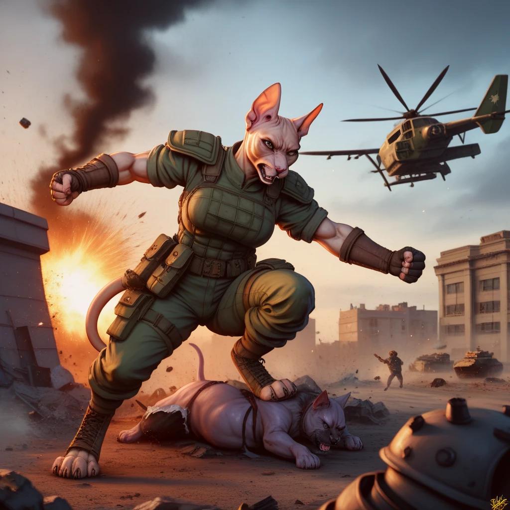 anthro cats vs anthro dogs, Sphynx_Cat_Anthro, german sheperd, cat beasts, dog beasts, war, fight for country,realistic, detailed, cinematic, action, dramatic, 4k, high resolution, photorealistic, masterpiece, intricate, sharp focus, physically-based rendering, vivid colors, HDR, intense, gritty, intense, cinematic lighting, epic battle scene, two factions of female warriors, fierce combat, intense hand-to-hand fighting, powerful kicks and punches, acrobatic maneuvers, claws and fangs, bloodied and bruised, determined expressions, patriotic uniforms, war-torn battlefield, destroyed buildings, smoke and debris, explosions, dramatic sky, moody lighting