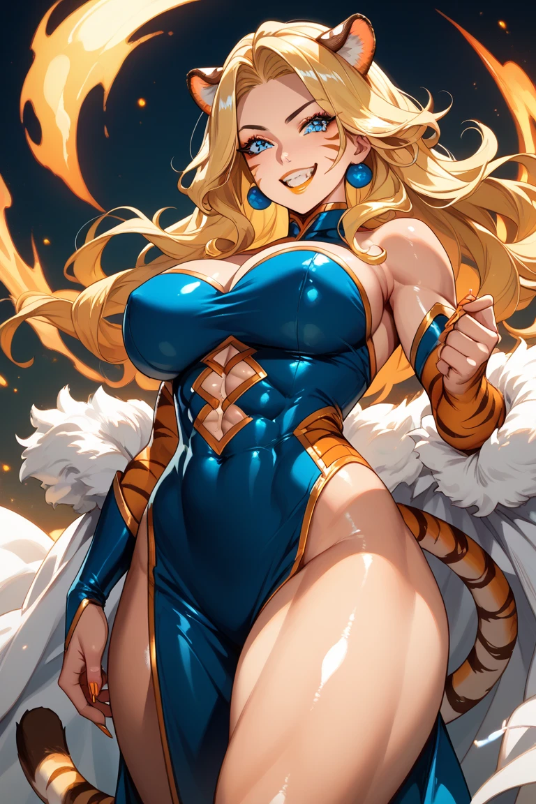 Giant Girl blonde muscle barefoot bikini leopard with superpowers destroy a city with the power of fire