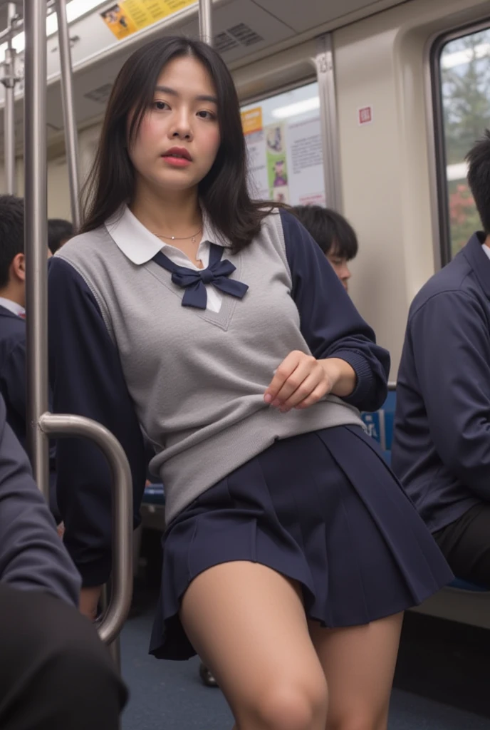 (Highest quality, 8K, masterpiece:1.3, 1 Girl, alone, beautiful girl), cute, dynamism, Detailed face, Detailed skin, Detailed clothing, Fine grain, Detailed lips, Detailed tongue, Detailed fingers, Mouth details, Realistic, RAW Photos, High resolution, High resolution, Natural light, Dynamic pose, Perfect Anatomy, Toned Legs, double eyelid, Tear bags, Round eyes, Moist lips, Sweaty, Ecstatic face, School uniform, Pleated skirt, Blunt bangs, short hair, In a crowded train, crowd, Half closed eyes, (Masturbation), Nipples visible through clothing, blush, throw, Open your mouth, Sticking out tongue, Ahegao Smile, Drooling, Pee, Cum on thighs, Lift your skirt with your own hands, Are standing, pantyhose, Pubic hair visible through clothing, From below