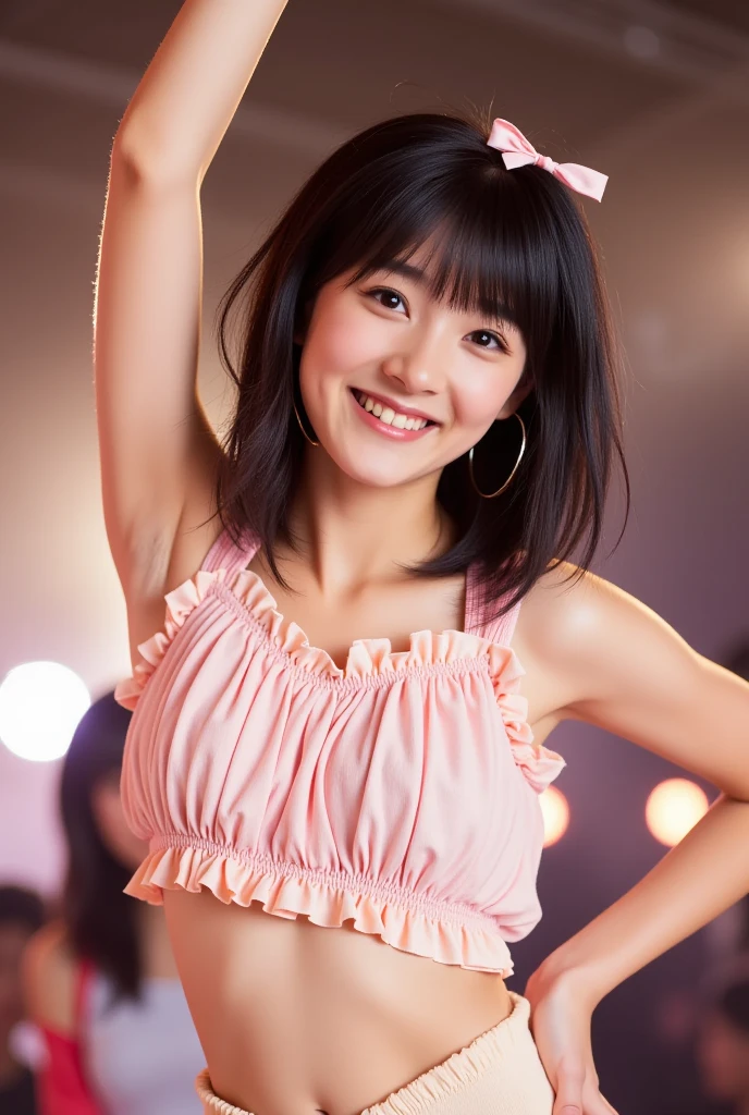Japanese、11 years old、beautiful girl、petite、Short hair、bob hair、thick physique、idol singer、cute expression、my chest is very big、Emphasis on the chest、bust is very big、Bra exposed、sexy costume、Small clothes that show the shape of your nipples、very short skirt、Close-up image、sing on stage、The skirt is very short、Photographed from directly below、Her skirt is flipped up and her panties are fully exposed.、showing panties、Panties exposed、