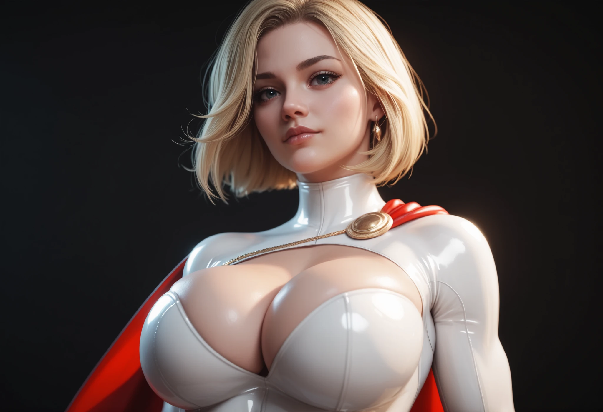 score_9, score_8_up, score_7_up, score_6_up, score_5_up, score_4_up, realistic, by Jackerman, Power Girl, Power Girl costume, looking at viewer, seductive, beautiful detailed eyes, posing with her arms up behind her head, showing off her huge breasts, POV, voluptuous, hourglass figure, huge breasts, cleavage, sweating, cinematic lighting, professional lighting
