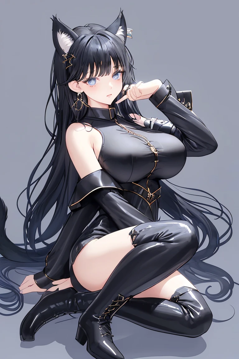 1 wolf woman, black hair, long hair, wolf ears, lifeless blue eyes, thin lips, round face, large breasts covered by chain mail, slender waist, wolf tail, fluffy tail, sitting on a stone, observing the viewer ,arrogant look,(sfw)