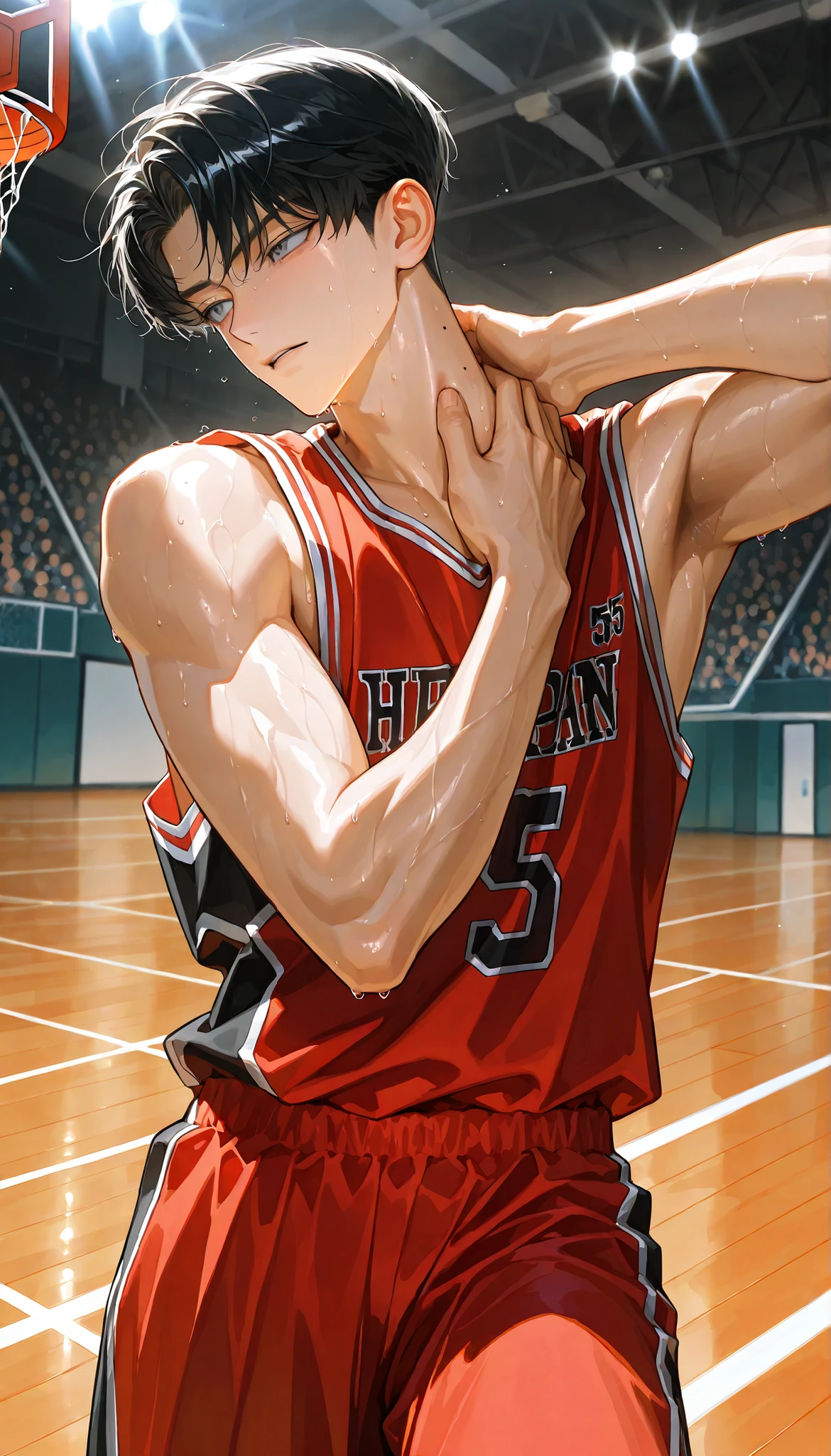 4k , 8k , (only 1male black hair color with grey eyes color) , ((no hair bang)) , short hair style , ((35 years old)) , adult , basketball court environment , good focus , ตรงตามกายวิภาคมนุษย์ ,ร่างกายสมส่วน , anime eyes , good figured muscle , Focus from the head to the body , red basketball jersey , male solo image , hot man style , have mole on face , cool person , tan skin, standing pose, one hand on neck, sweating