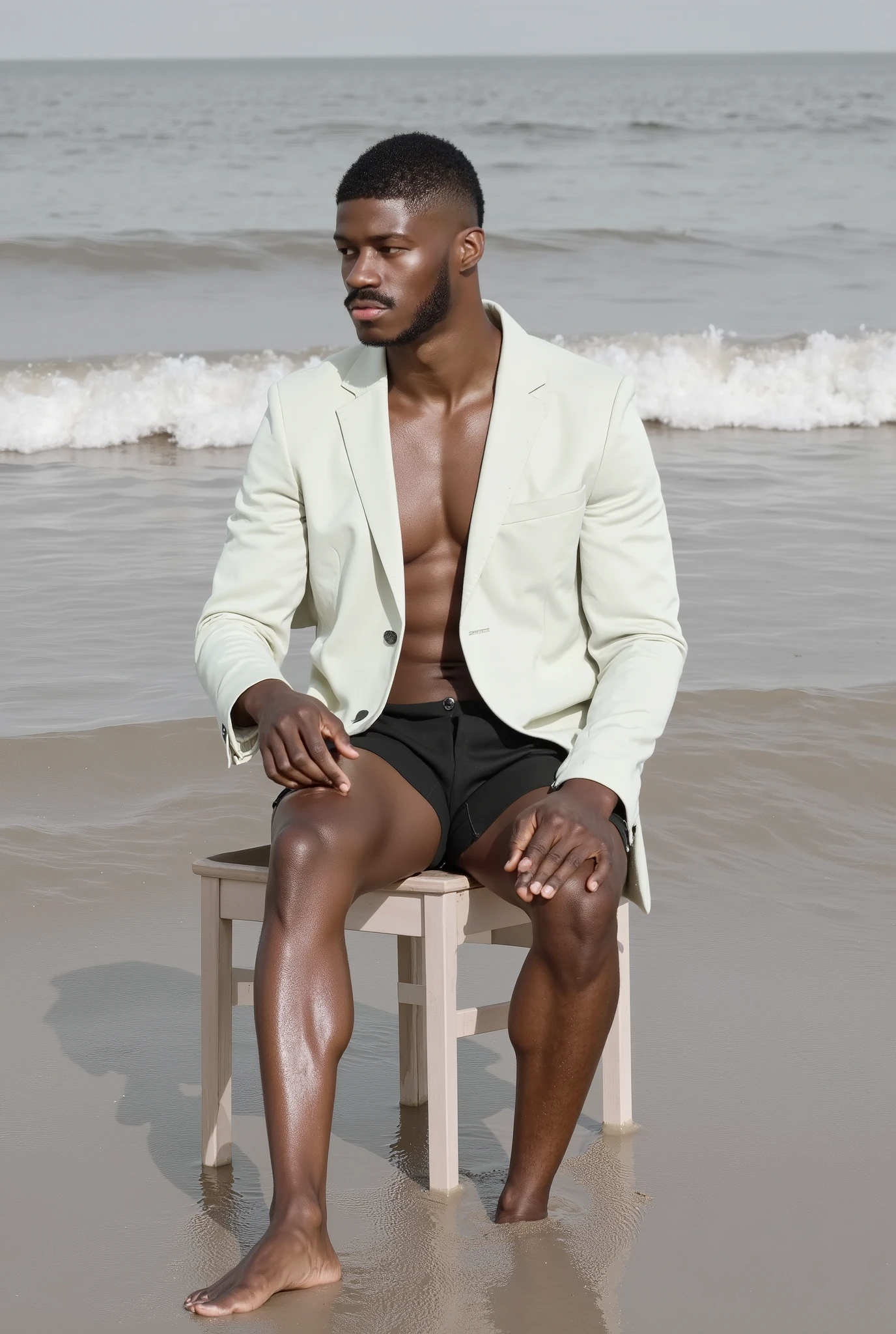 A black man in his underwear lying on the edge of the pool