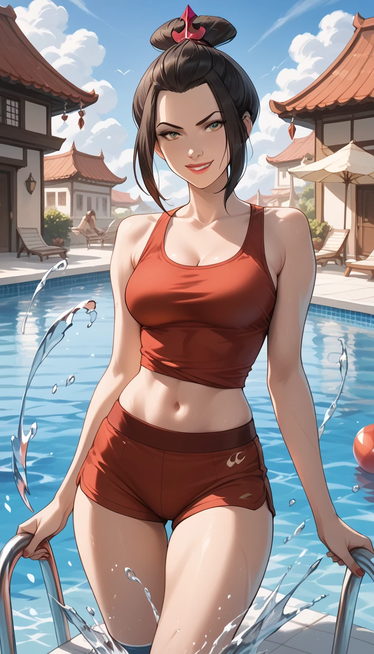 attractive korean woman, ripped muscle, muscular body, small breast, pale skin, sad(blush), bikini, cross necklace, sixpack abs, [ultra detailed skin:1.2], brown hair, wavy hair, 8k uhd, full body, crowd, public, poolside, sitting,