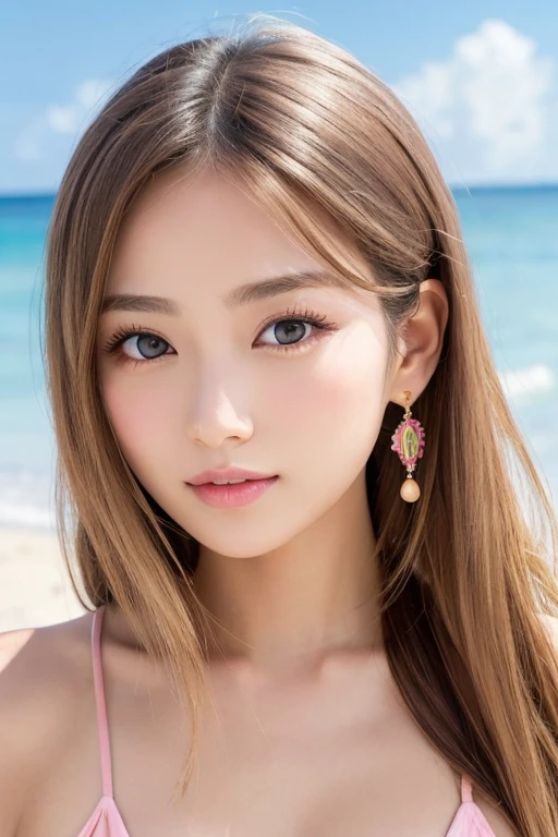 1 girl, Korean model, extremely beautiful, perfect body. 8K photo quality, lifelike, masterpiece, sharpest and highest contrast. Glossy pink lips, pink eyeshadow, eyelashes, blush, cosmetics, bright white skin, detailed pores, shiny skin, shiny skin. Her hair is pink, long and smooth, blowing in the wind ((floating)) under the bright sunlight. Bright smile, pure white teeth and details. Seductive lips, glossy pink lips. Blue eyes, seductive, ((sharp makeup)), realistic, ((wet eyes)), detailed, pink eyeshadow. Two delicate eyelids, perfectly beautiful and detailed, black eyelashes. Eyebrows are curved, sparse, sharp and detailed. Beautiful and perfect face, holy, perfectly proportioned, beautiful in every detail, ((shiny)), high-end cosmetic makeup. High and detailed nose. Blush, prominent and detailed cheekbones. Hands are beautiful, perfect, ((no flaws)), no defects. Her breasts are big and full, her nipples are prominent and detailed, her cleavage is deep and firm, tight under her bra. Tank top, jeans, necklace, earrings, bracelet. Beautiful photo of a girl standing on a beach, sharp focus on the girl's face.
