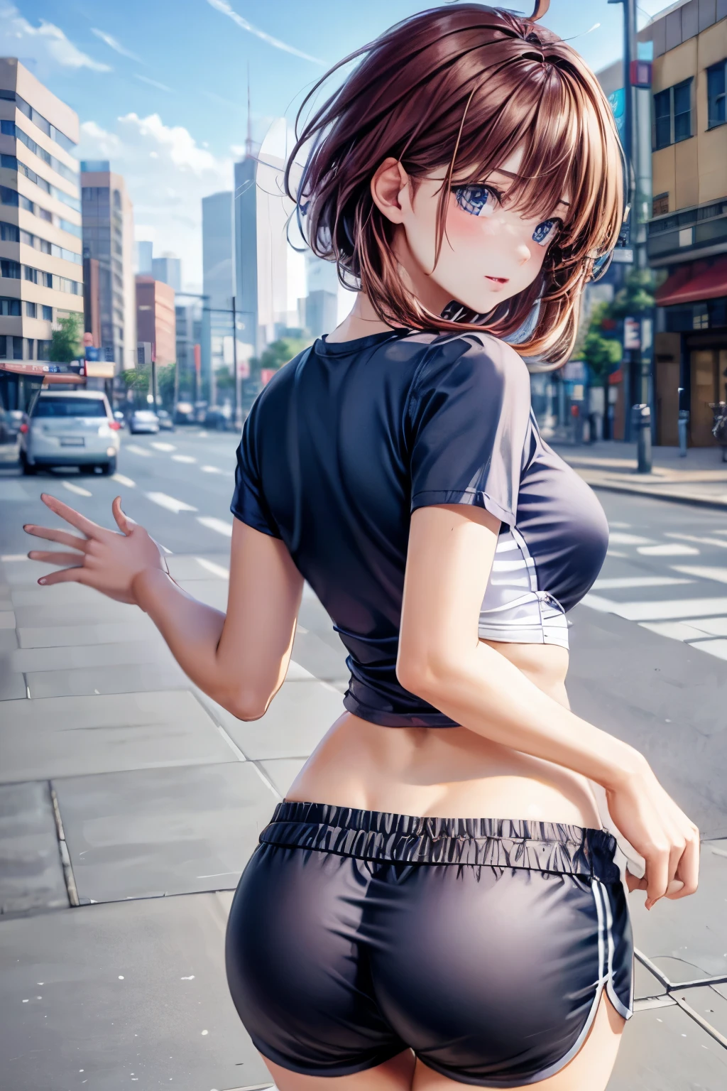 Around town、Running pants、 short pants、back view、low angle on frill