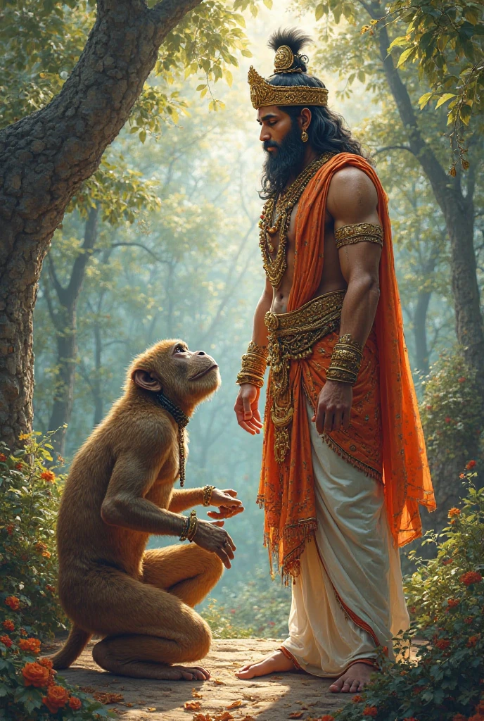 "Depict a forest scene where Lord Rama and his brother Lakshmana are meeting Sugriva, the monkey king. Rama and Lakshmana are in traditional attire, with Rama holding a bow. Sugriva, looking relieved and hopeful, is shown as a monkey with a crown. The background includes dense trees and a tranquil forest setting. Sugriva's expression should convey gratitude, while Rama and Lakshmana appear determined and supportive. Include elements like the forest, a small clearing, and the contrasting expressions of friendship and resolve."