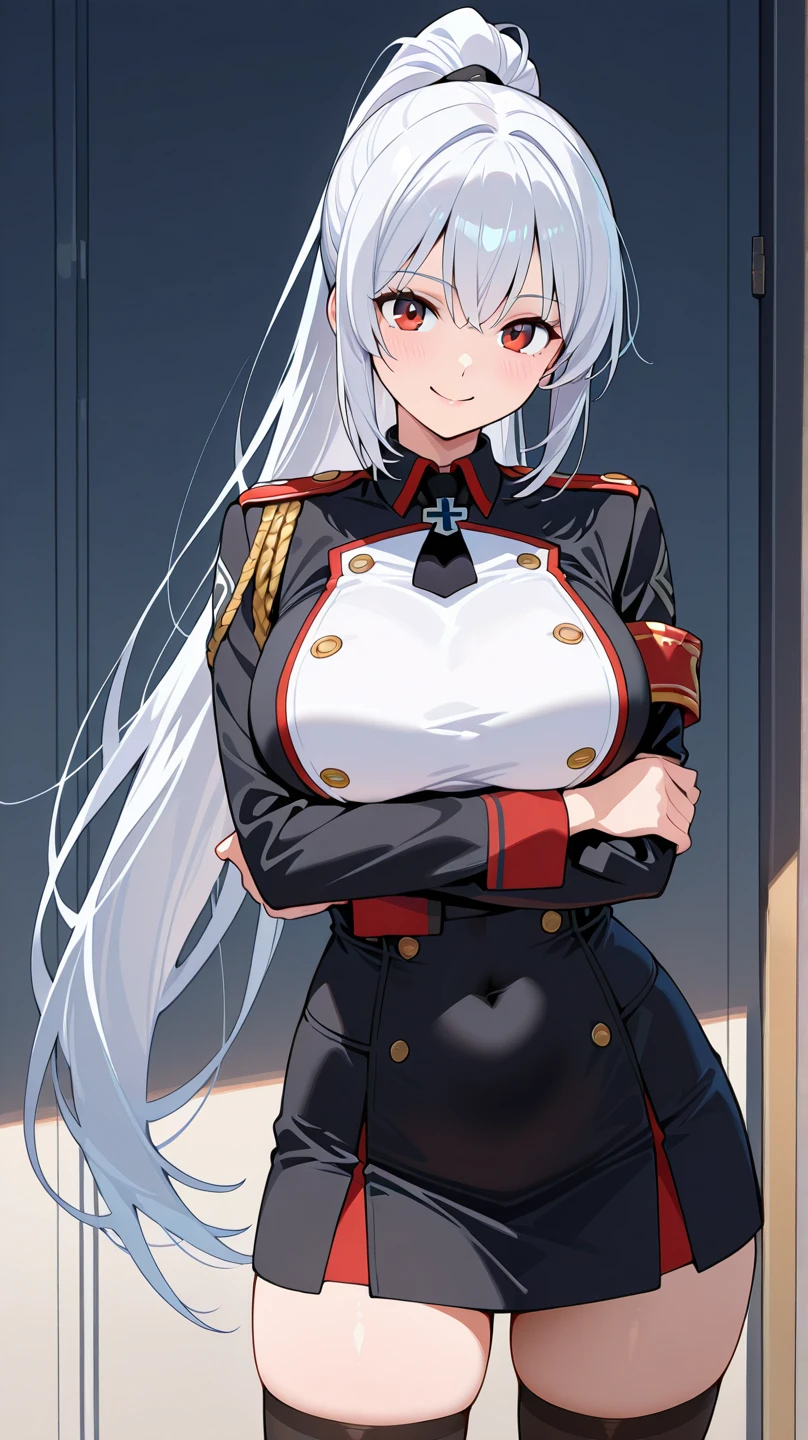 expressive eyes, (((1 girl))), ((anime)), (silver hair, long hair), (half closed eyes), ((very big breasts)), ((perky chest)), ((My heart feels like it's going to burst)), ((exposed thighs)),((German military uniform,military hat)),((I can see the side leeveless)), ((big breasts and butt)), ((dull bangs)), ((white, race)), ((standing in the temple)), enchanting smile, princess cut, shiny hair, (masterpiece), anatomically correct art, Super detailed, advanced details, high quality, 最high quality, High resolution, 4k, 8K, ((mini skirt)),(((enchanting smile)))