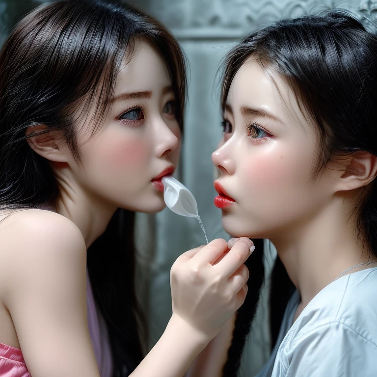 dress、(Photorealistic:1.4)、(hyper Realistic:1.4)、(Realistic:1.3)、(Smooth lighting:1.05)、(映画の照明Improvement of quality:0.9)、32K、Identical twin sisters、20-year-old girl、Realistic lighting、Backlight、Facial Light、Ray Tracing、(Bright light:1.2)、(Improvement of quality:1.4)、(Highest quality realistic textured skins:1.4)、Finely tuned、Detailed face、Beautiful Eyes、(tired, Sleepy and satisfied:0.0)、 Face close-up、T-Shirts、(Enhances the body line:1.1)、(Enhances the beauty of skin texture:1.1)、((naked))、Blowjob、Deep Throat、deep throat、(Detailed and realistic penis、inhale、Stick、姉妹がペニスをBlowjob:1.3)、(Sisters take one penis in their mouths:1.3)、(Guy cums on sister:1.2)、Please lick the sperm off your penis、 Sperm dripping from the mouth、(Sperm splattered all over the body:1.4)、White sperm on face、Ecstasy facial expression