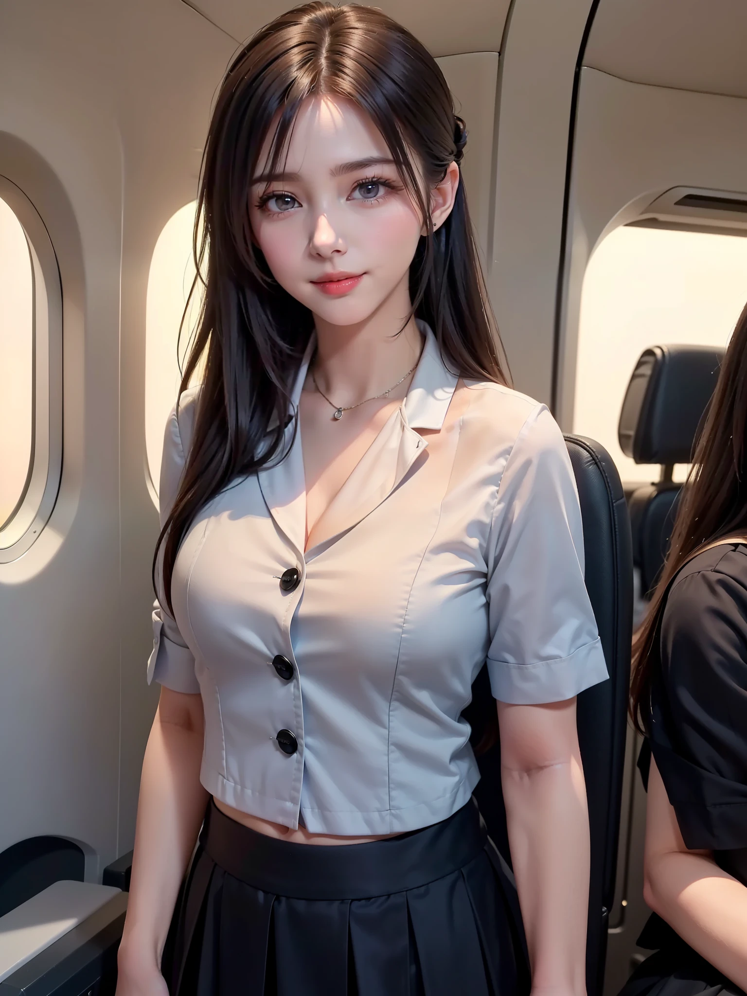 Highest quality,masterpiece,Ultra-high resolution,(Actual:1.4),Original photo,Ultra-high resolution,8k,There are also women,Fair skin、Navy blue stewardess costume with short skirt,,High heels,Long legs:1.5,Bright and beautiful,high waist,Flashy makeup using red eyeshadow,In the cabin of an aircraft,