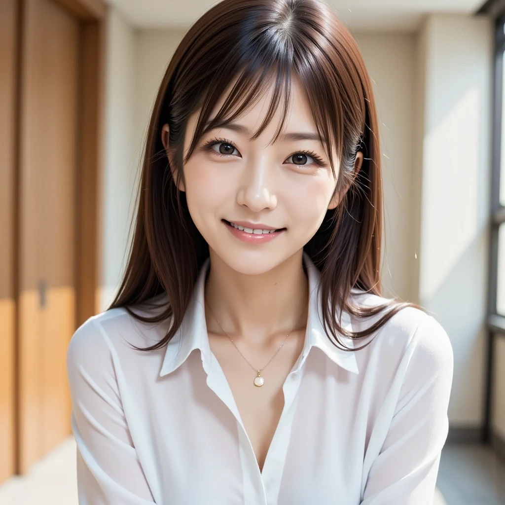 Beautiful Girl, (Skirt lifting), ((Show panties)), looking in camera, Angle from below, Shy smile, a blond, ((of the highest quality, 16 K, masutepiece: 1.3)), Light on Face, hyperdetailed face, very detailed lips, Detailed eyes、Colossal tits、爆乳、Wearing a suit、Formarco Steume、At work、s Office、working in an office、A dark-haired、short-hair、Short black hair