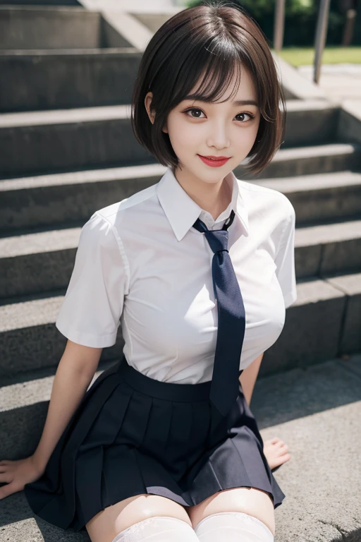 (close up:1.4)、(original photography:1.2)、(Realism:1.4)、(​Masterpiece:1.3)、(quality:1.4)、(Beautiful woman with perfect body:1.4)、solo、7 heads and bodies、(cute face)、(kawaii:1.2)、(full-body shot)、(shooting:1.3)、(spread legs apart:1.3)、Beauty defines the sky、night、wet、looking at the audience、(sit on it:1.5)、a smile、plump big breasteautiful and delicate eyes)、(Charming big eyes and beautiful double eyelideautiful and detailed face)、(short hair:1.1)、(brown hair)、(perfect anatomy:1.2)、(tie、pleated skirt、school uniform、White、White shirt、low cost、sock:1.3)、background blur、outdoor、Fight through the sky Xiao Wu