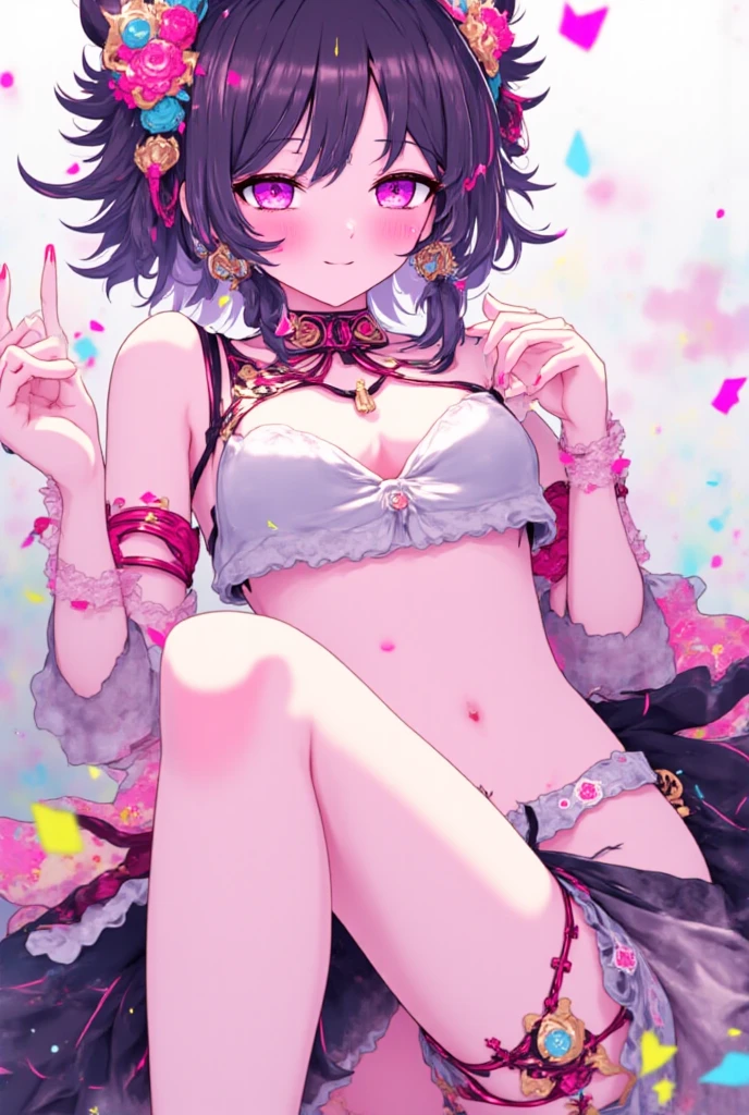 "(perfect masterpiece:1.2), (highest quality:1.2), stunning face, Chubby, Big eyes, compensate, long and luxurious eyelashes, lip whole,cheerleader,belly button,(((female brat))),(((very short hair))),raised his arms,NSFW,((((smile)))),Are standing,Upper body,((((front)))),Cheerleader,mini skirt,double teeth,(((young))),,((((small breasts)))),view from above,(((evil grin)))