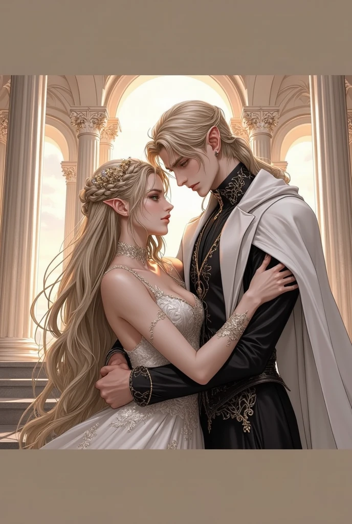 Create an [Comic book Luis Royo art style] affectionate embrace of a couple of a dark-haired man (henri cavil) and a blond girl with [detailed linework], [dynamic shading], and [rich colors]. The young blond girl have [full body], blue eyes [expressive facial features] and [fluid body movements], with close attention paid to [her black liquid sensual dress with black lace veil], (fabric with intricate pattern:1.2), [heart-shaped] face, [delicately proportioned], with a [small nose] and [high cheekbones], full lips, [shinny blond straight medium hair styled], [black eyeliashes and brown], long, full eyelashes that add to her feminine charm, [slim petite body], neck exposed by the hair in a chignon, Lili from the movie Legend, fairy. The man has black hair, dark detailed eyes with shadows on the scleras, pale skin, dark clothes with dark light armor, Henri Cavil.  [althar of an evil temple background] [dark atmosphere]  should showcase [visible skin pores] that add to the realism. [imperfect, uneven, and irregular skin] should be depicted with [specular reflection], [subsurface scattering], and [diffuse reflection], capturing the [fair skin tone] The image should be captured in [natural light], with [soft shadows] that highlight her. The colors should be [RAW] and [vibrant], showcasing the [tragic] elements of the character, while remaining grounded in a sense of [realism]. Aim for a [photorealistic]. The image should have [intricate details]. The overall mood of the image should be [victorian], [ghotic] with a sense of [magic] and [power]. sisters