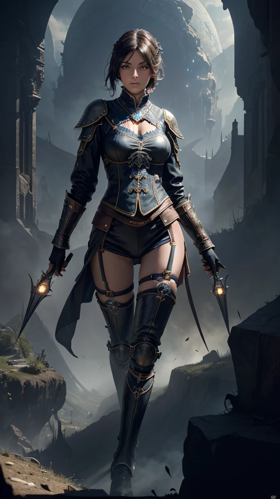photo cinematic of seductress Assassin, smooth face and skin, pretty face, perfect ???????, alluring pose. intricate details, empty night, medieval city background, ultra realistic, specular highlights, diffused lighting, unreal engine 5, ultra detail, octane render, illuminating lights.