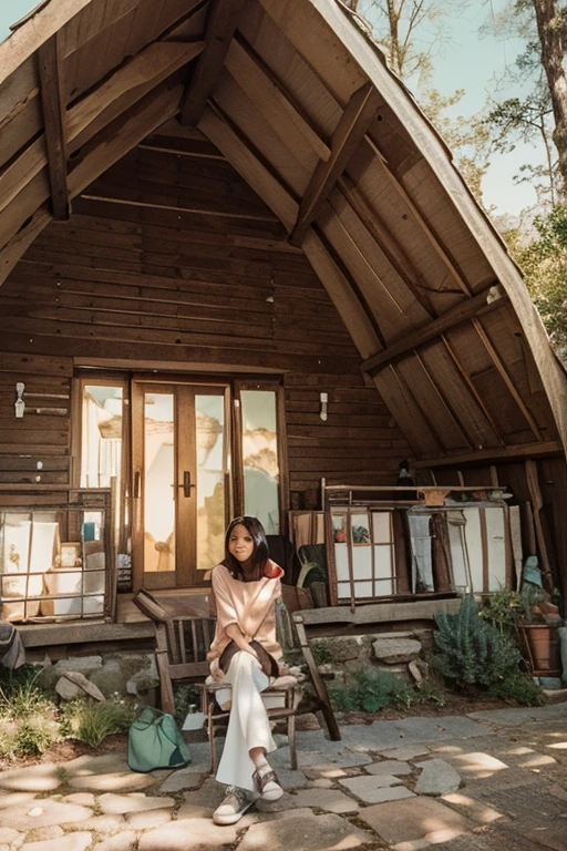 Woman hiding inside a hut in fear