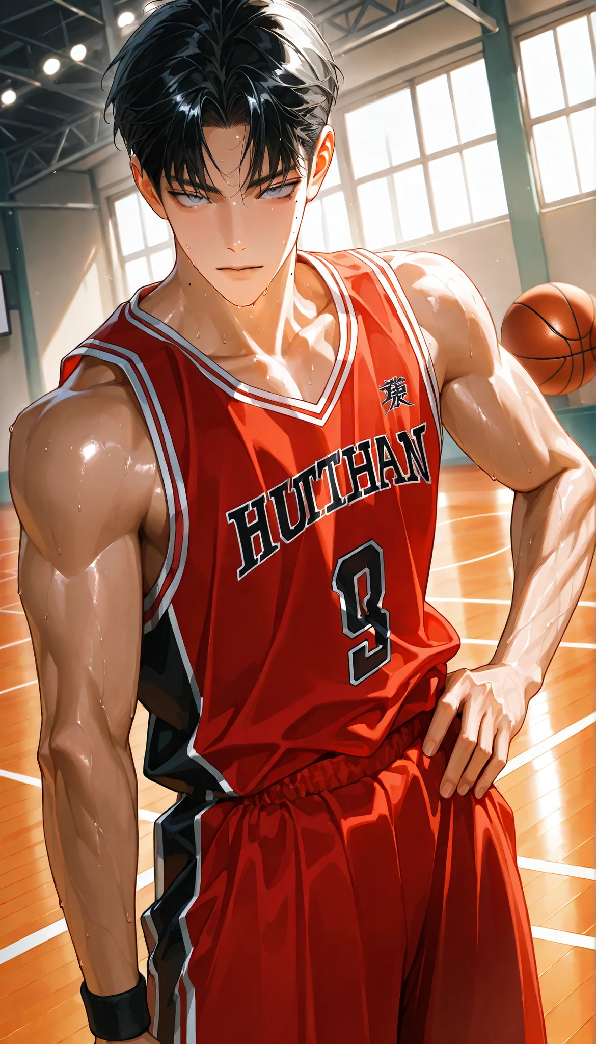 4k , 8k , (only 1male black hair color with grey eyes color) , ((no hair bang)) , short hair style , ((35 years old)) , adult , basketball court environment , good focus , ตรงตามกายวิภาคมนุษย์ ,ร่างกายสมส่วน , anime eyes , good figured muscle , Focus from the head to the body , red basketball jersey , male solo image , hot man style , have mole on face , cool person , tan skin, hand on hip, standing pose, sweating