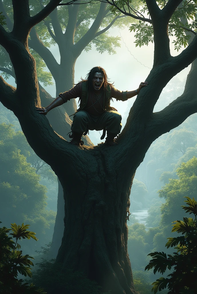 Portrait of Wukong, wearing light armour, sitting and resting under a tree. Light filtering through the trees.
