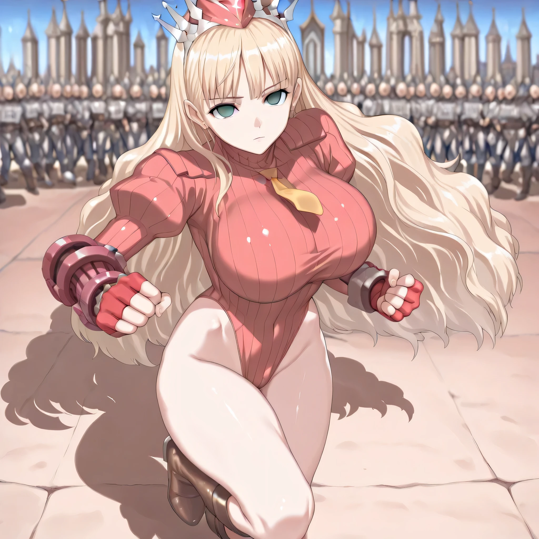 <lora:Sukabu-PonyXL-1024px-v2:0.9>
score_5_up, score_6_up, score_7_up, score_8_up, 
1girl, solo, sitting on a mechanical throne, crossed legs, smug, wearing (red dress, golden crown), long blonde hair, twintails, drill hair, robot joints, mechanical arms, mechanical legs, indoors, throne_room