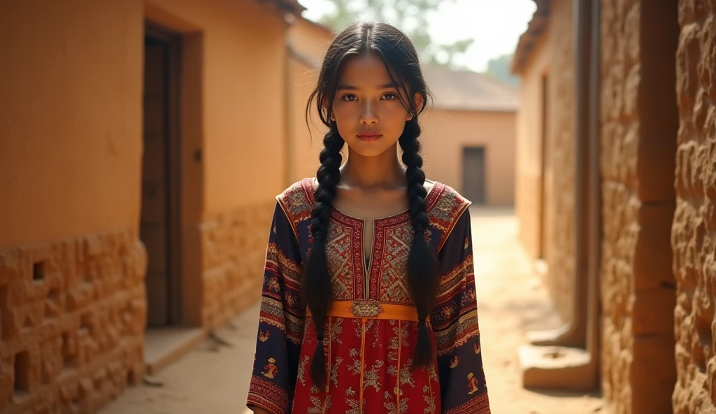A curious young Indian girl with long dark hair in a braid, wearing simple traditional village clothing, stands at the edge of her rural village at dawn. She's looking up at the sky with wonder, one hand shielding her eyes from the rising sun. Behind her, thatched-roof houses and lush green fields are visible, with a forest in the distance. The girl's expression is a mix of determination and curiosity, symbolizing her quest for knowledge and her challenge to traditions. Soft, warm morning light bathes the scene, creating long shadows and giving it a dreamy, hopeful quality