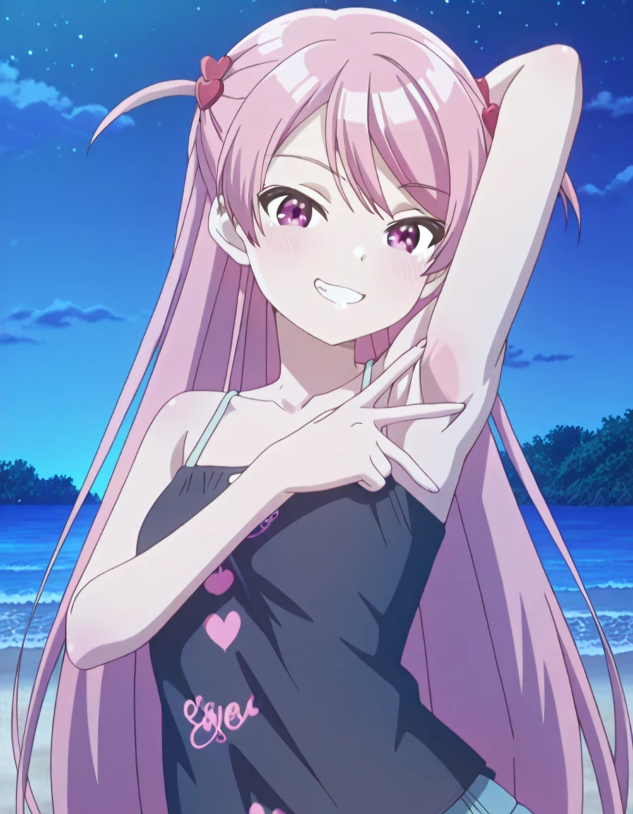 maho-casual, pink eyes, pink hair, long hair, two side up, black camisole, anime screencap, high quality, solo, upper body, (contrapposto), v, spread armpit, presenting armpit, hand behind head, closed mouth, night sky, beach, looking at viewer, grin, best quality