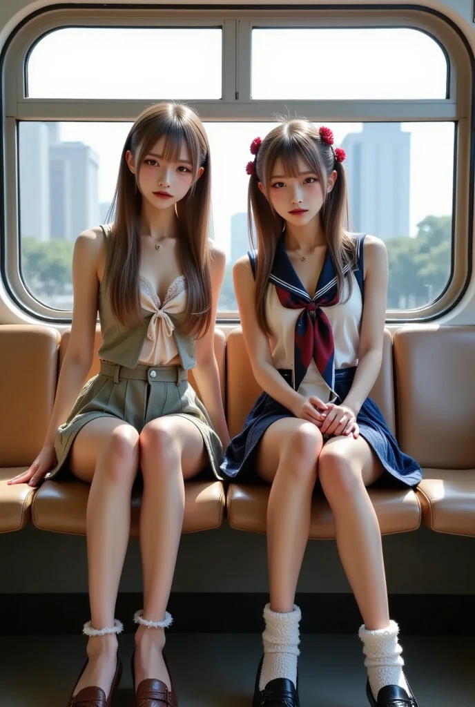 (1+girls, multiple girls, side by side:1.3),
(12 to 15 years old:1.2),
(beautifuly detailed dawn pink medium curly hair, forehead1.2),
BREAK
(Inside train:1.4),
(beautifuly detailed sailor uniform:1.3),
tights,
BREAK
(beautifuly detailed red tanga bra and panties:1.2),
(sitting on the train seats, spread legs:1.3),
(skirt lift, lifted by self, show off panties:1.4),
(from front, panties focus, close up panties:1.2), looking at viewer,
BREAK
(masterpiece, best quality, ultra-detailed, high resolution,:1.2)
natural lighting, perfect lighting,
(realistic:1.2), (3d face:1.2),
(beautifuly detailed baby face:1.3),
(beautifuly detailed tan:1.2),
(beautifuly detailed pink eyes, glowing eyes:1.1),
(;d, toned, flat chest, parted lips:1.2),
(glasses:0.9),(low shot:1.2),(face shot:1.2)