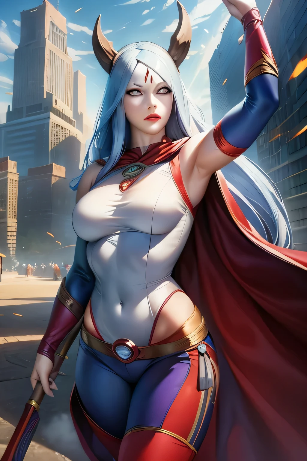 Masterpiece, stunning realistic, best quality, kaguya wiht horn as a female superhero, wearing sleeveless superhero costume, long pants superhero costume, and a cape, in the middle of a city
