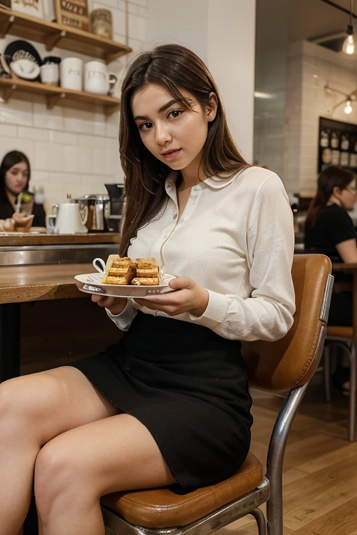 real picture of a woman sitting in a cafe chair. she is eating such delicious waffles. background of her crowded cafe
