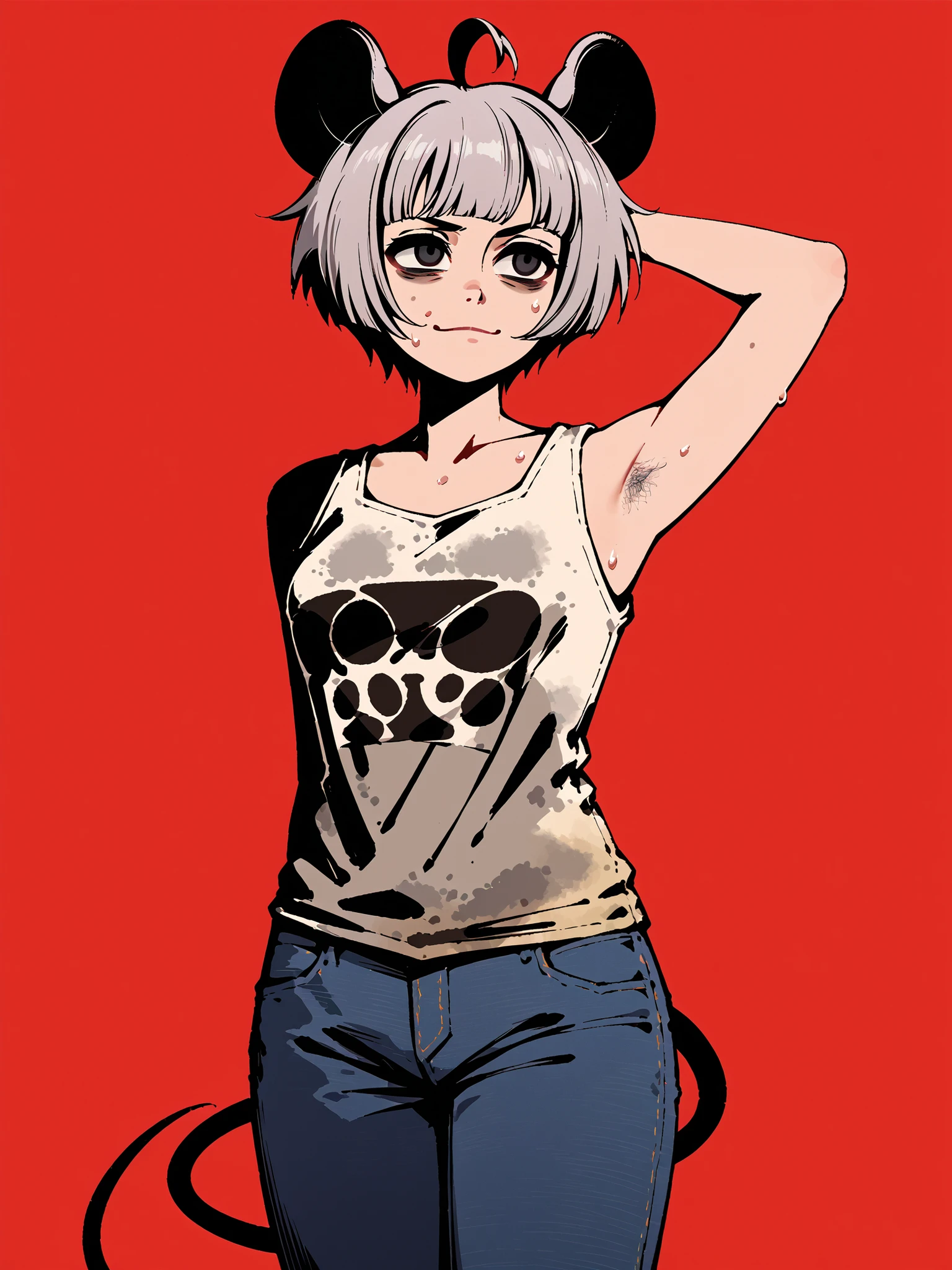 {{score_9, score 8_up, source_anime }} {{Artist: %moshimoshibe% m0sh1m0sh1b3,moshimoshibe,moshimoshibe art style}} absurd_res, 1girl, facing viewer, dynamic pose, dynamic angle, simple background, upper body, solo, soft shading, smirk, standing, film grain, dynamic pose, dynamic angle, foreshortening, cowboy shot, low angle, masterpiece, best quality, very aesthetic, absurdres, {{high contrast}} mouse tail, mouse ears, grey hair, black eyes, bags under eyes, ahoge, pixie cut, tank top, graphic tee, mouse girl, jeans, armpit hair peek, sweat, smell, jimiko, pubic hair peek