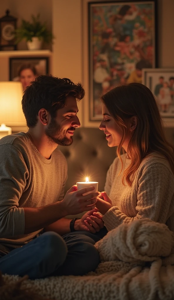 A 4K image of a couple sitting close together on a plush couch in a softly lit living room at night. They are wrapped in a warm blanket, with a cup of hot chocolate in each of their hands. The soft glow from a nearby lamp casts a gentle light on their faces, showing expressions of love and comfort as they lean into each other, sharing a quiet moment together.