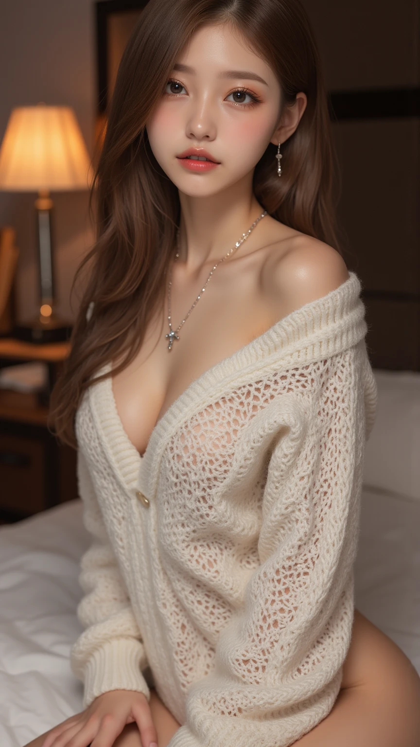(Canon RF85mm f/1.2), (8k, RAW photos, best quality, high quality:1.4), (masterpiece), (realistic, photograph realistic), (ultra-detailed, High detail, Best image quality, super detailed, high resolution, Very detailed, Extreme detail description, hyperdetailed painting, An extremely delicate and beautiful work), Beautiful detailed girl, solo girl, ((Perfect Figure)), Very detailed eyes and face, fair skin, noble beauty, ((detailed skin texture, pore)), perfect anatomy, Beautiful detailed whole body, delicate face, (slender abs, slim waist, large hip), (medium breasts, Bulging breasts), (cleavage), (affectionate look, soulful eyes, glowing eyes), (clear blue eyes), (bouffant bangs hair:1.2), (Enchanted expression), (charming appearance), (necklace, earrings), ((on the bed, in the dark)), physically-based rendering, Realistic lighting, (((the body from thighs up:1.3))), ((looking at viewer:1.3)), ((She sat on the bed and used her hands to take off her shirt to reveal her lace bra underneath:1.4))