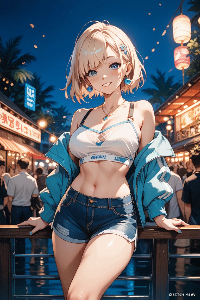 17 years old Women, ((Blonde)), ((Blue eyes)), ((Short hair)), ((Full shot)), very detailed makeup, pale pink lipstick, long earrings, wears leather jacket ((with lace bra)) and jean shorts, and fishnet stockings and black high heels with Louboutin style heels ((wearing high heels)) ((Full Body)) ((wet floor))