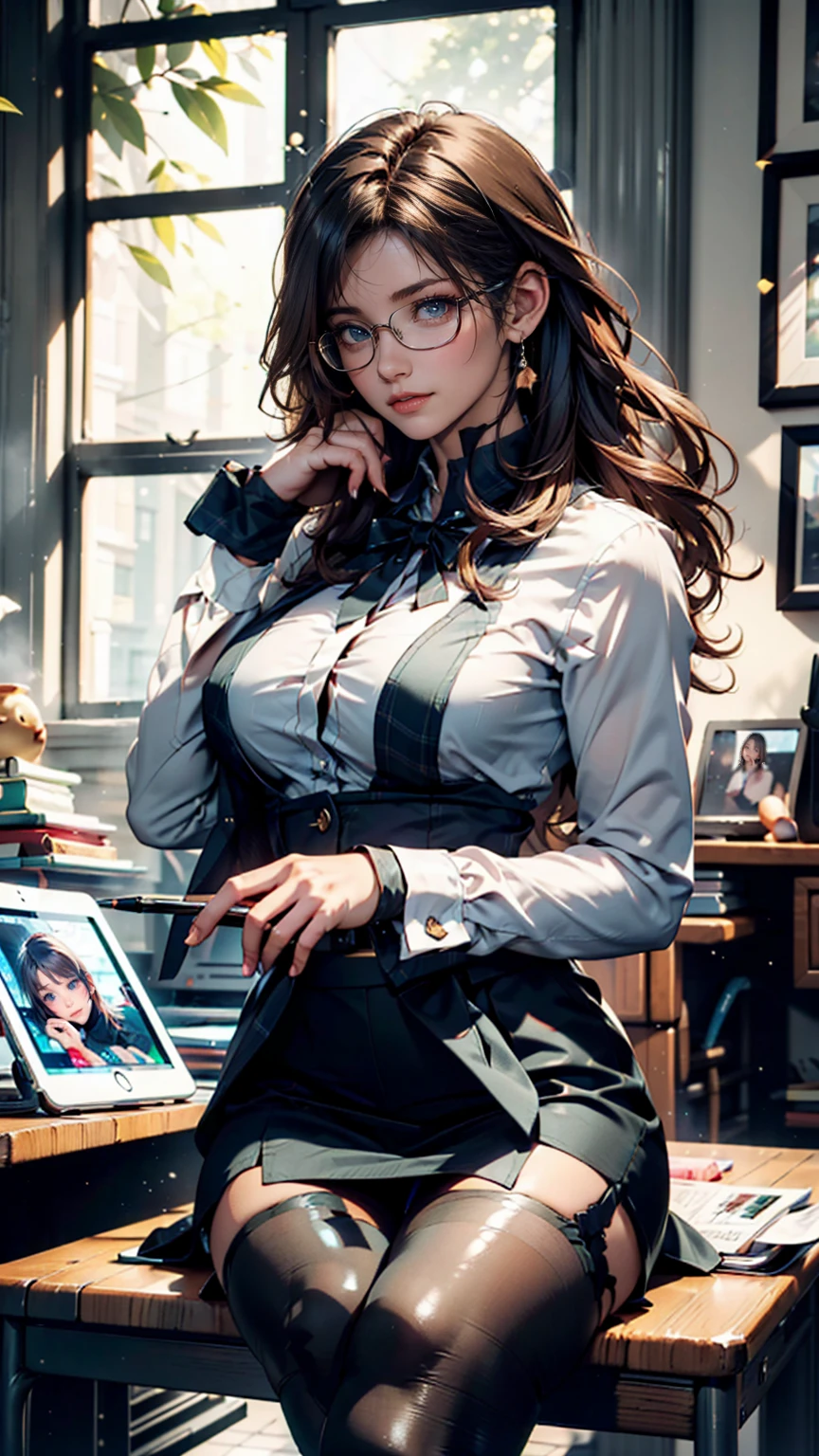 A woman in her 40s who has dark blue eyes, brunette hair and glasses. She wears a suit along with having her hair up in a bun