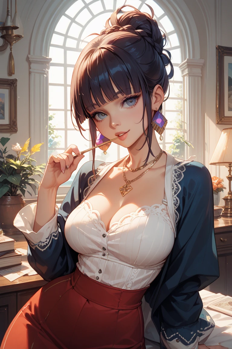 junkotvv masterpiece, Best Quality, Kojima Khan, folded ponytail, White collared shirt, bottomless, blossomed, looking at the viewer, blush, big breasts, session, Sofa