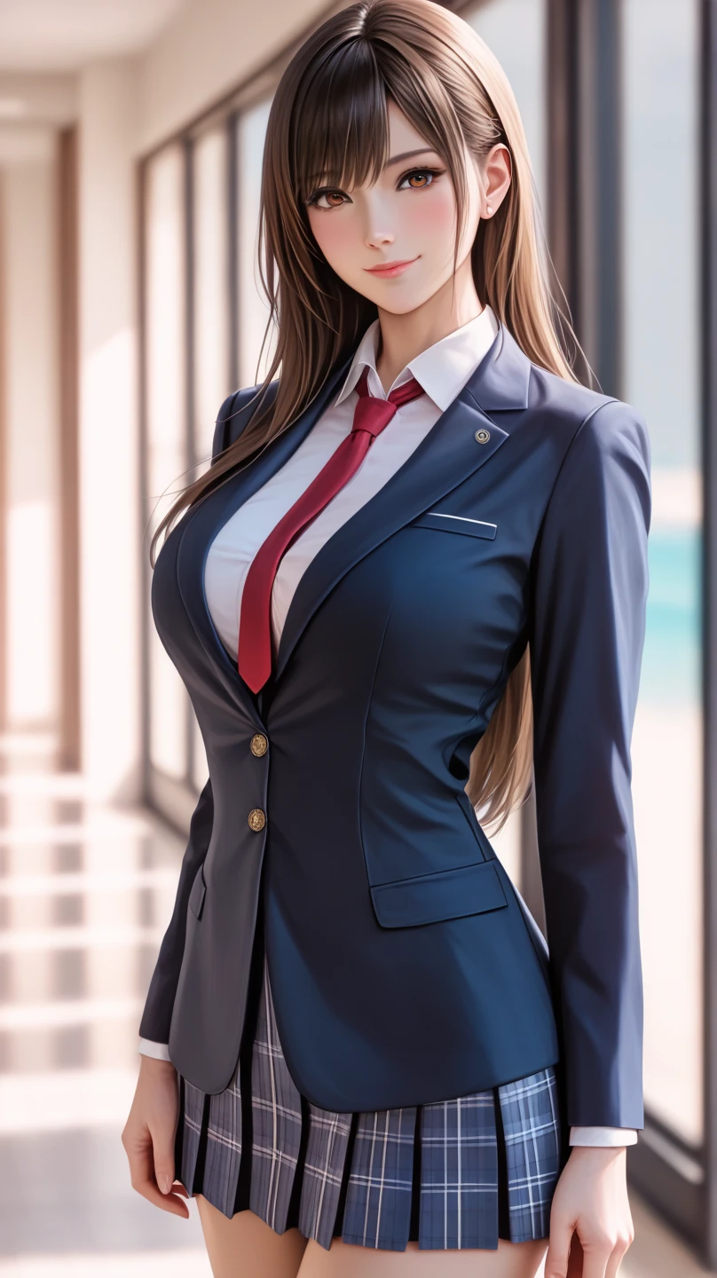 masterpiece, high resolution, beautiful woman, Korean Beauty, uniform, mini skirt, high school student, beautiful woman, looking at me, (high resolution face), (high resolution eyes), (high quality eyes), thighs