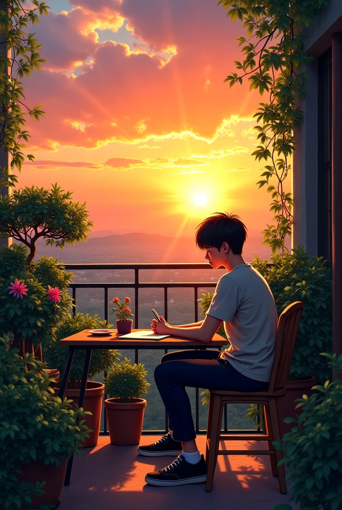 realism. A young man writing and thinking on his balcony full of plants and bonsai and in the background a sunset