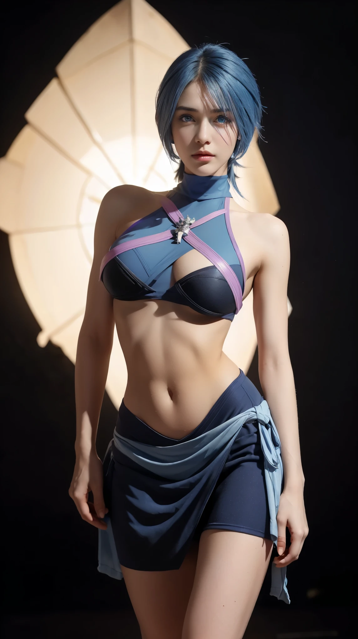 25 year old woman with short undercut indigo hair dressed in a skimpy elf outfit with miniskirt, cleavage, belt. Blue eyes with eye liner. Neutral background