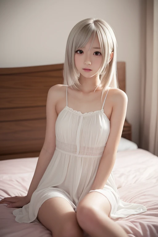 (NSFW,1 Japanese ultra young cute girl lying the bed:2.0), (Spread her legs wide,detailed beautiful vagina:2.0),26 years old, incredibly ultra cute, neat and clean, happy smile, detailed charming eyes, detailed face,(She has only 2 legs:1.5),(laced negligee, ultra slender,slim legs, incredibly white and beautiful skin, short silver hair:1.75),best quality,4k,8k,highres,masterpiece,ultra-detailed