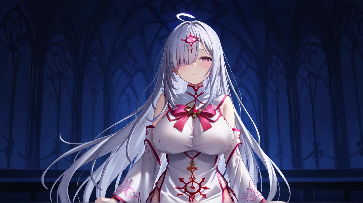 young girl, Long white hair, red-eyes, pale skin, white light translucent dress, bloods, Masterpiece, hiquality