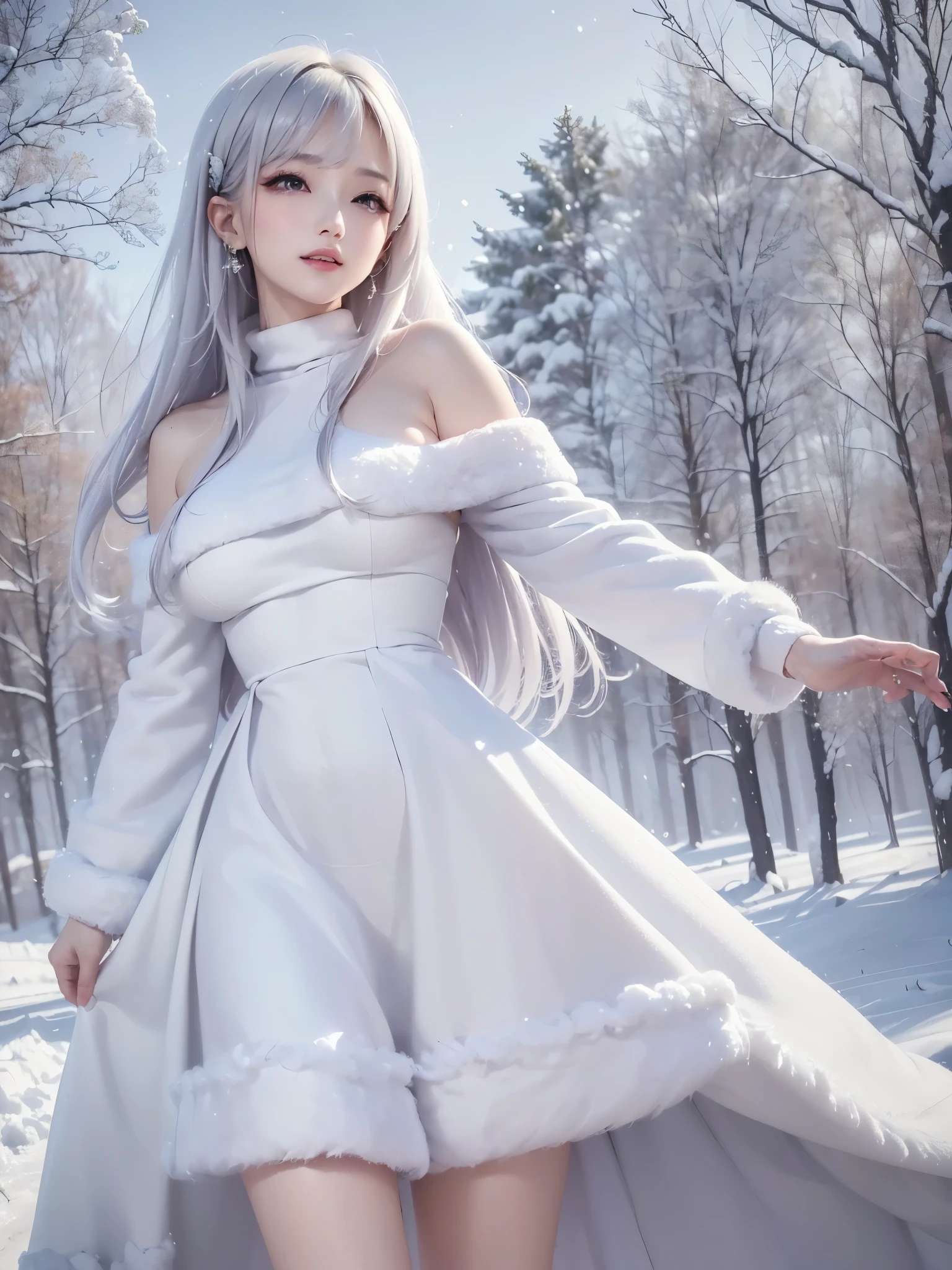 ((masterpiece:1.5、8k、table top to pinch、フォトリアリスティックでvery well detailedなCG、very well detailed、Particle Effects、dynamic effects、writing boundary depth、 cinematic lights 、lens flare、ray tracing、table top to pinch、realistic:1.4、Ultra High Resolution:1.2、realistic、realistic))((alone、,girl wearing a white fur coat over an off-the-shoulder sweater:1.4、cute poses、 girl、Detailed Faces、 bright表情、is young, bright, Whiter skin、plump breasts、Great looks、ultimate beauty、 silver-haired 、Bright and shiny hair,、Super Long, Smooth and Straight Hair、Hair dancing in the wind))(、It's set outdoors with snow )
