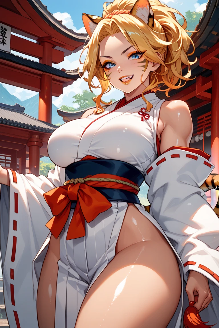 ((one personの女性)), Beautiful Face,Laugh shyly,((Wink:1.6)),laugh with a big mouth,turn bright red,Sweat on the face,Glossy pink lips,evening, Japanese-style room of the shrine,((Anime style background)),masterpiece, highest quality, so beautiful, up to date, Complex details, (Pink long nails),AI-generated, Complex,High resolution, highest quality, super high quality,3D Images、View your audience、3D Images,one person,Long Blonde Hair,High Ponytail,blue eyes,Anime woman posing for a photo, [[fine grain、Colorful eyes、Shining Eyes:1.15]],(Squint your eyes:1.1),a hyperRealistic , hyperRealistic , Realistic,Blonde anime woman with long hair, Smooth anime CG art, A woman in a colorful kimono with gold embroidery, (Yellow kimono),Pink floral pattern,Long flower hair ornament,Big earrings,(Big Breasts:1.2),Mature Body,expensive,Big Ass,Fine details,Tight waist,Abdominal muscles,Leg spread,sit,Exposed nipples,Exposed vagina,A lot of semen