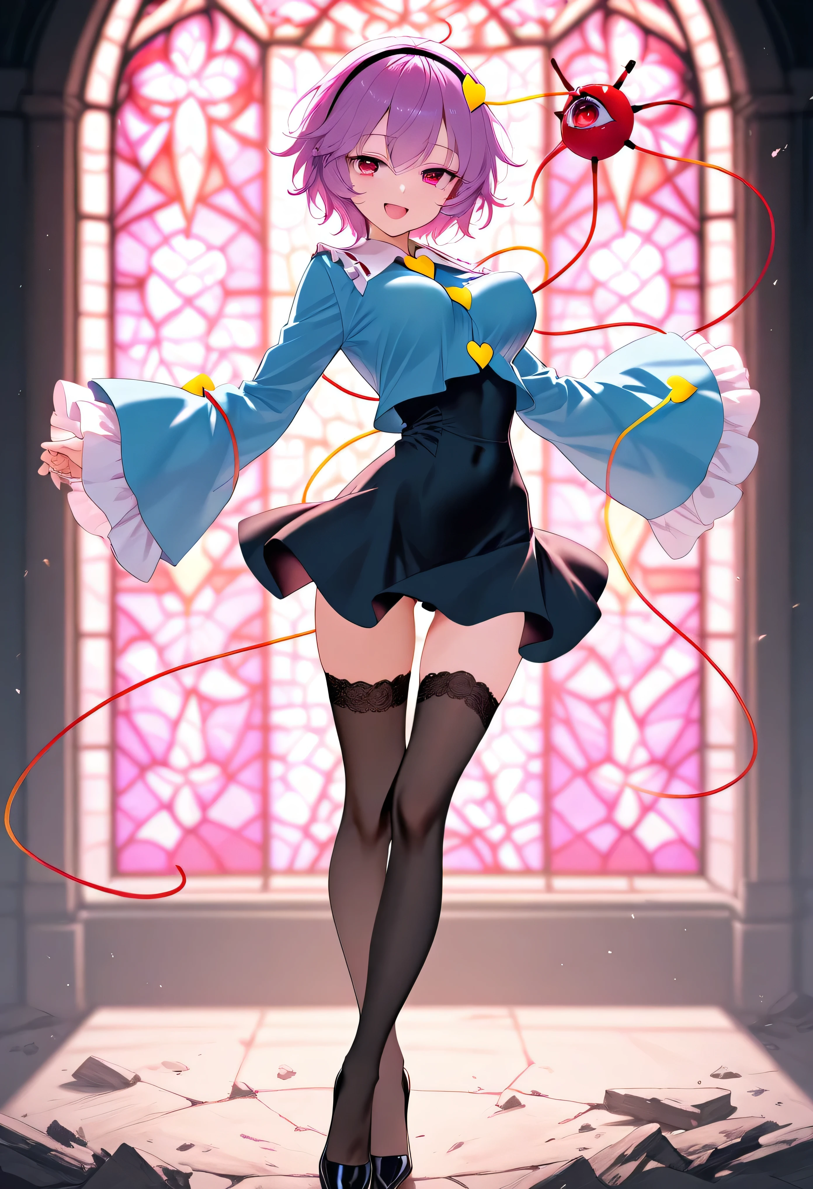 (score_9), komeiji_satori, longlegs_v0.22_pony, solo, (1 skinny girl standing), (petite small girl), BREAK, (cropped coat:1.2), (black short dress:1.2), (thigh gap), (groin:1.2), black thighhighs, stiletto heels, BREAK, looking at viewer, {smile:0.2}, {open mouth:0.2}, (bouncing unaligned breasts:1.3), arched back, BREAK, (too short torso:1.2), (too narrow waist:1.2), (too short waist:1.2), (covered large nipples:1.1), {orgasm}, BREAK, stained glass