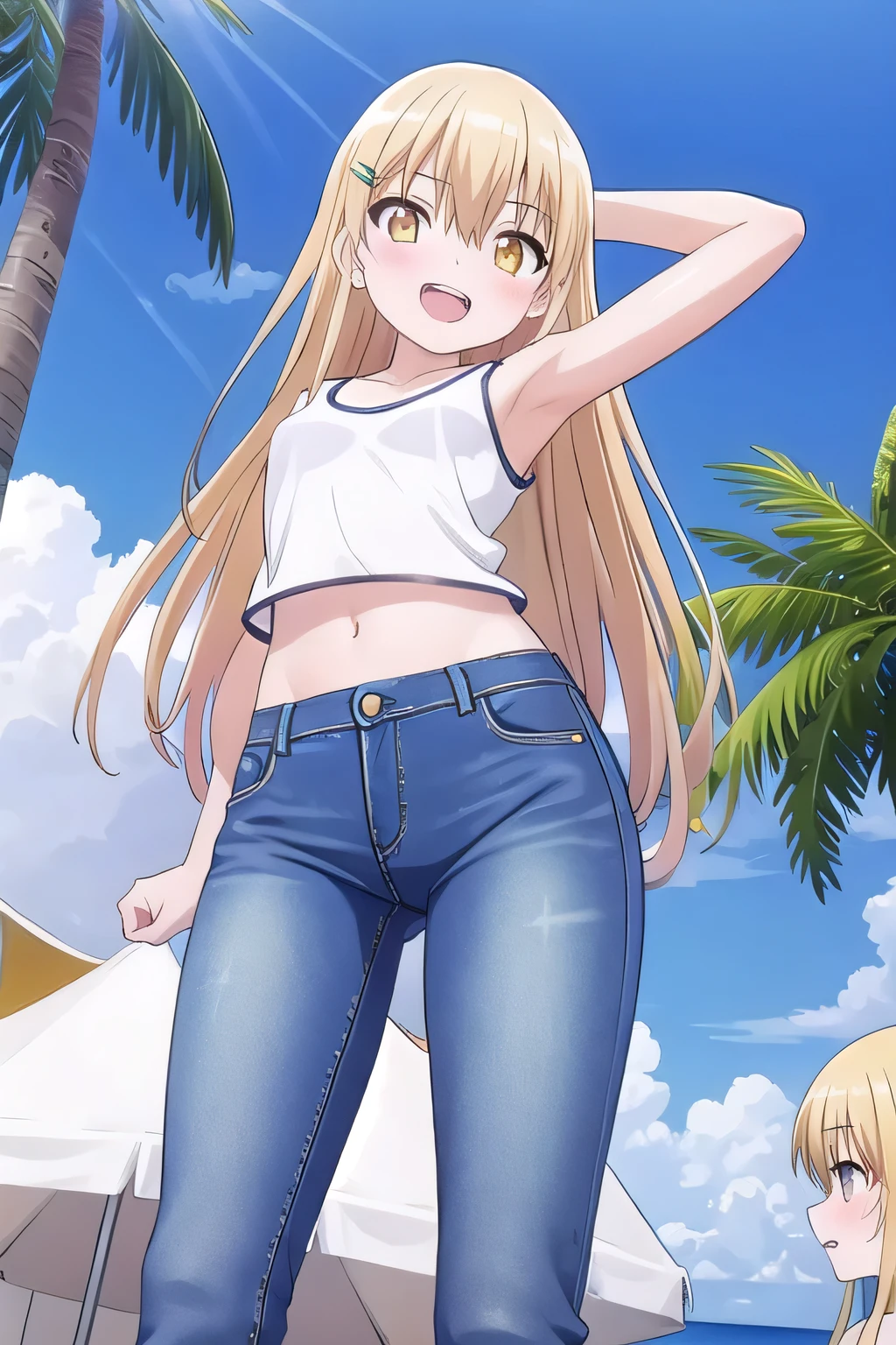 masterpiece, best quality, ultra detail, ((Perfect Face, perfect eyes, perfect hair, perfect arm)), 1girl, o, petite, ((round face, ecstasy, orgasm face, drooping eyes, shame smiling, blush)), dropping eyes, sleepy, Open mouth, ((White teeth)), background((under the beach, (day:1.2), palm tree, bright sky)), Mahiru shiina, (yellow eyes:1.2), (blonde hair:1.2), crossed bangs, hair between eyes, hair ornament, x hair ornament, (long hair:1.4), (straight hair:1.7), ((arms behind head, hands behind head, fingers behind head)), ((contrapposto)), spread armpits, looking at viewer, (white tank top:1.2), (white crop top:1.2), (jeans pants:1.2, flares jeans:1.2, skinny jeans:1.2, blue jeans:1.2), standing, (legs spread:1.4), sex pose, Sweaty crotch, Steam from the crotch, from below, full medium body