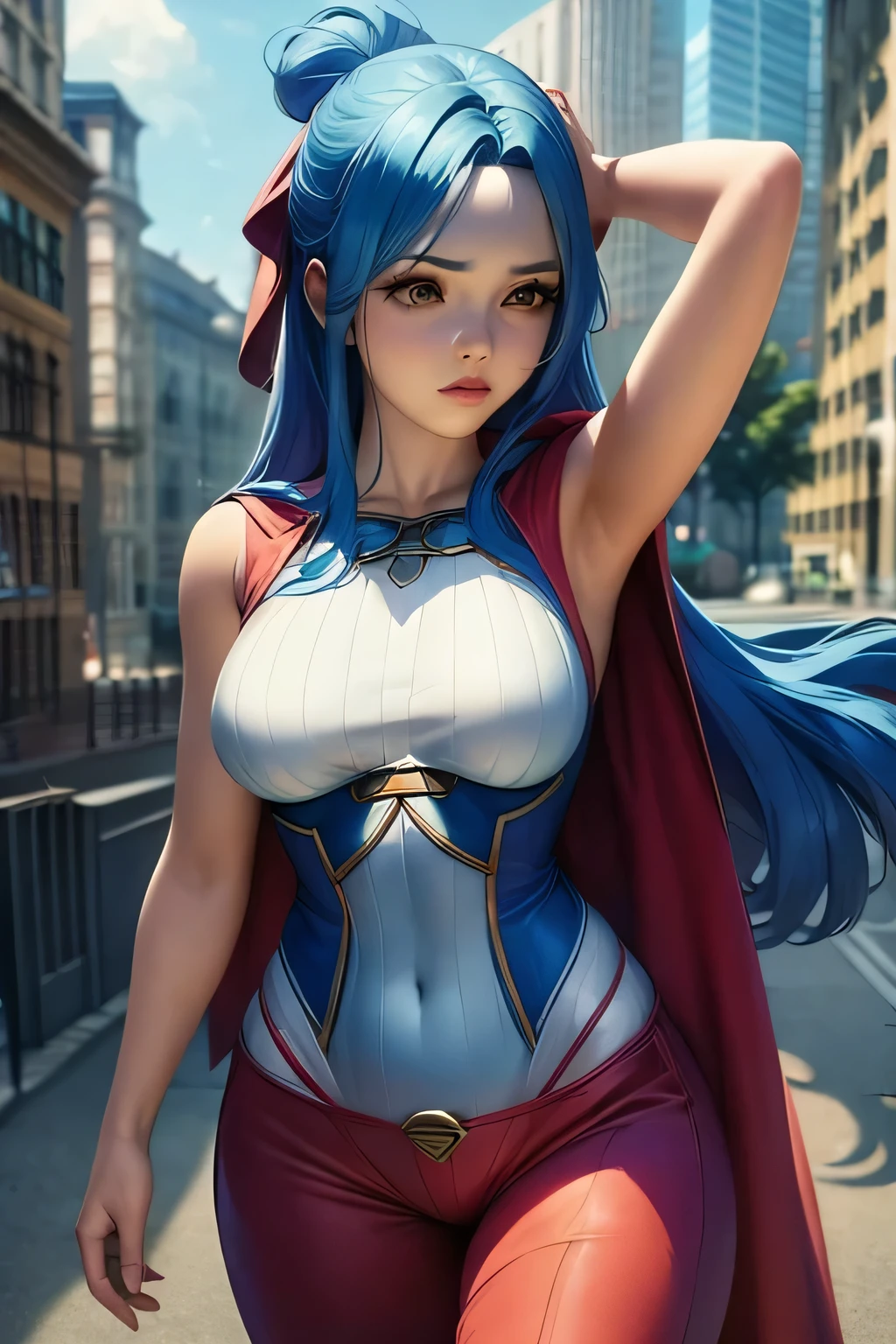 Masterpiece, stunning realistic, best quality, vivi, blue hair, as a female superhero, wearing sleeveless superhero costume, long pants superhero costume, and a cape, in the middle of a city