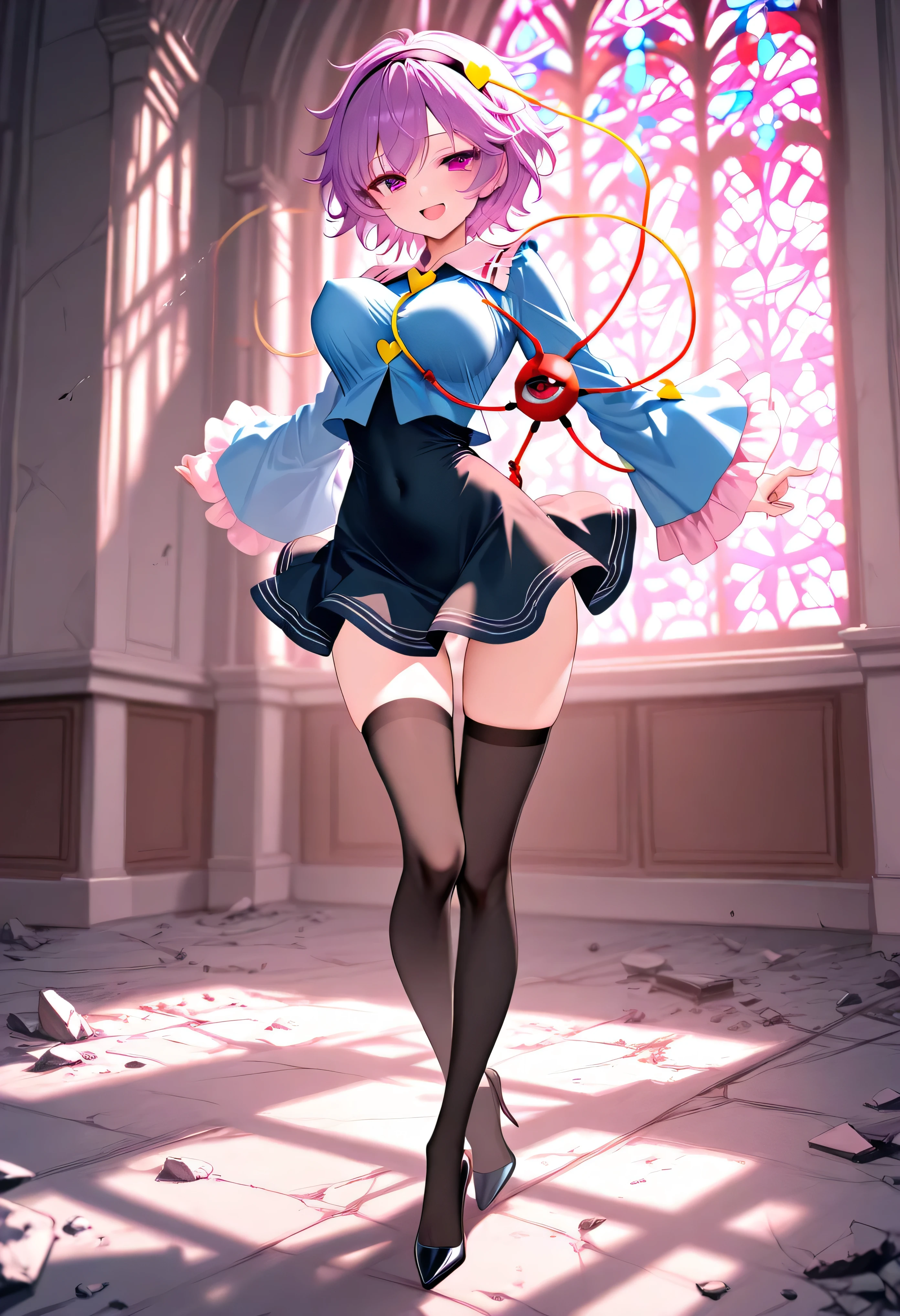 (score_9), komeiji_satori, longlegs_v0.22_pony, solo, (1 skinny girl standing), (petite small girl), BREAK, (cropped coat:1.2), (black short dress:1.2), (thigh gap), (groin:1.2), black thighhighs, stiletto heels, BREAK, looking at viewer, {smile:0.2}, {open mouth:0.2}, (bouncing unaligned breasts:1.3), arched back, BREAK, (too short torso:1.2), (too narrow waist:1.2), (too short waist:1.2), (covered large nipples:1.1), {orgasm}, BREAK, stained glass