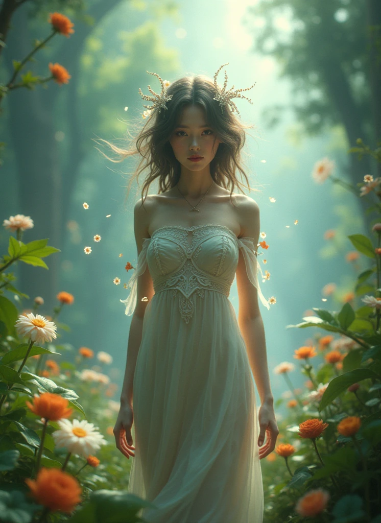 (8k, RAW photo, realistic, photo-realistic, hyper-realistic, highest quality, best quality, masterpiece, highly detailed, absurdres:1.2), 

([Emily Browning:Gemma Arterton]), 1girl, solo, fey, elf, fairy, fantasy,

fairy circle, surrounded by flowers, delicate features, golden hair, golden hour, mystical aura, serene expression, delicate features, eyes closed, in meditation, surrounded by woodland creatures, hair adorned with flowers, wearing a sheer sundress made of leaves, no panties, surrounded by butterflies, surrounded by birds, surrounded by sunlight,

(large breasts:1.2), (flowers:1.1), floating petals, see-through, translucent, braless, pale ivory white skin,
(ultra-detailed 16k skin texture with slight imperfections:1.2),

Eggplant and Dendelion colour palette, 

ultra-sharp focus, shallow depth of field, Volumetric lighting, specular lighting , Global illumination, Volumetric Fog , Silhouette
