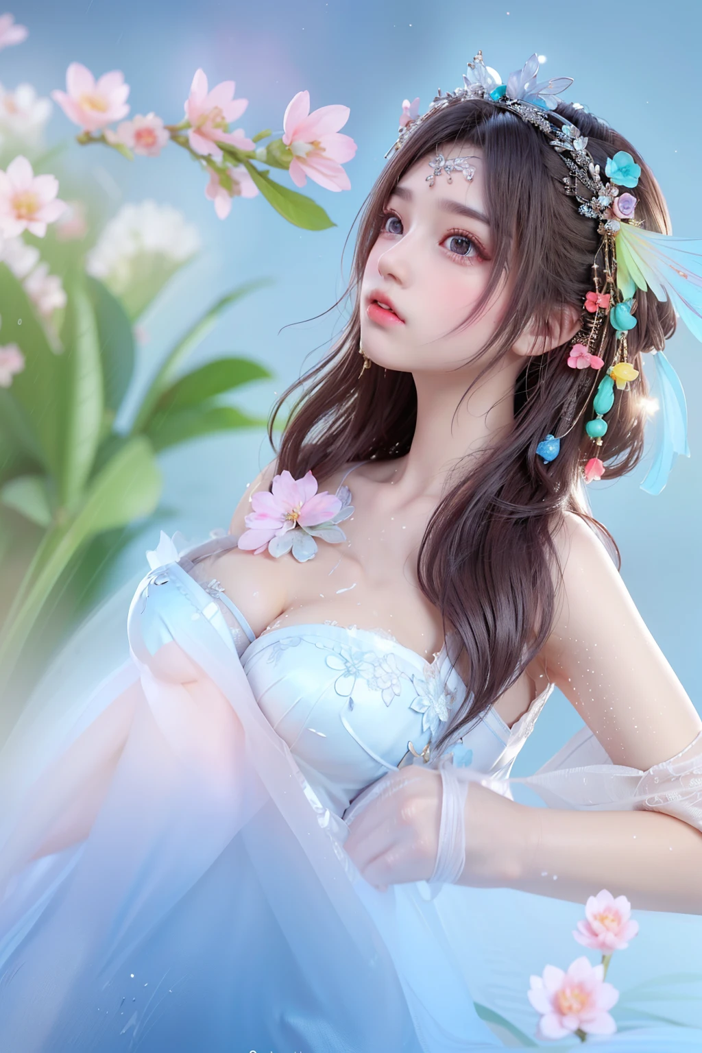 liquid clothes water（Quality Improvement：1.4）， 1 girl, In the flowers, Full breasts，Visible cleavage，Sexy long legs，The skirt is very short，She gently lifted her skirt with one hand,Surrounded by white Phalaenopsis orchids，Lilac dendrobium、White Lily, Flying petals，（Top quality leather), Delicate face,Black Hair, Gradient hair, Body,（Body1.1）, He has a precious gem on his forehead..., brilliant student，Long eyelashes,Smile, Surrealism, Movie Lighting, Projection Insert, Surrealism, Ultra HD, masterpiece，lie，Keep dreaming，Open your legs slightly.，Tattoo，Fantasy Space，Luxurious space，Exquisite makeup，blush，Shy expression