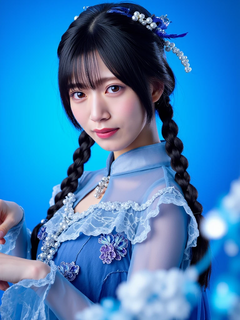 arafed woman in a blue dress posing for a picture, profile pic, profile photo, xintong chen, chinese woman, trending photo, ruan jia beautiful!, yun ling, full body xianxia, gorgeous lady, wenfei ye, in style of lam manh, inspired by Leng Mei, 奈良美智